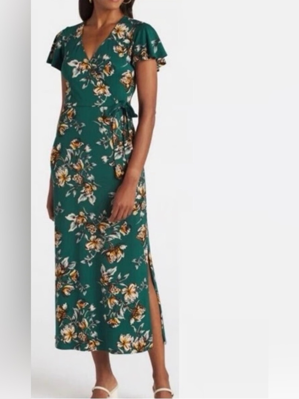 Fortune & Ivy Floral Wrap Maxi Dress in Teal Green